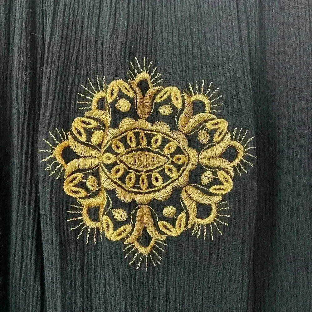 Vintage Greek Embroidered Boho Dress - Black & Gold Cotton Midi size M - Picture 7 of 10